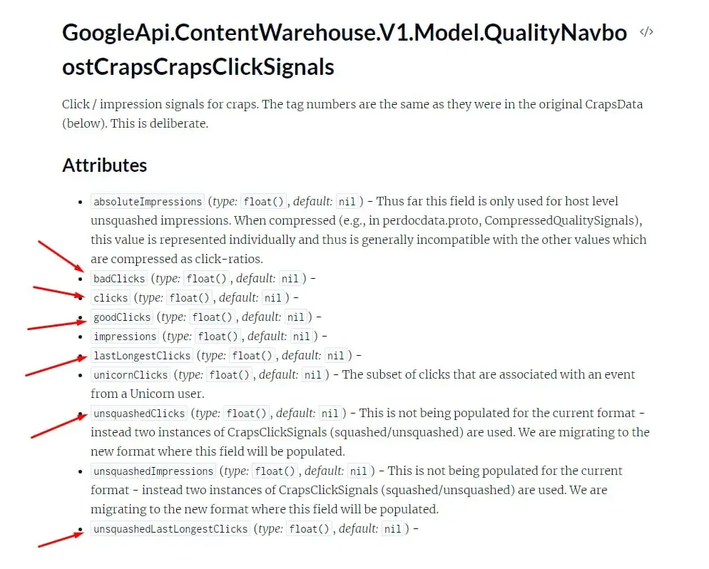 Screenshot of GoogleApi ContentWarehouse QualityNavbo documentation about click and impression signals