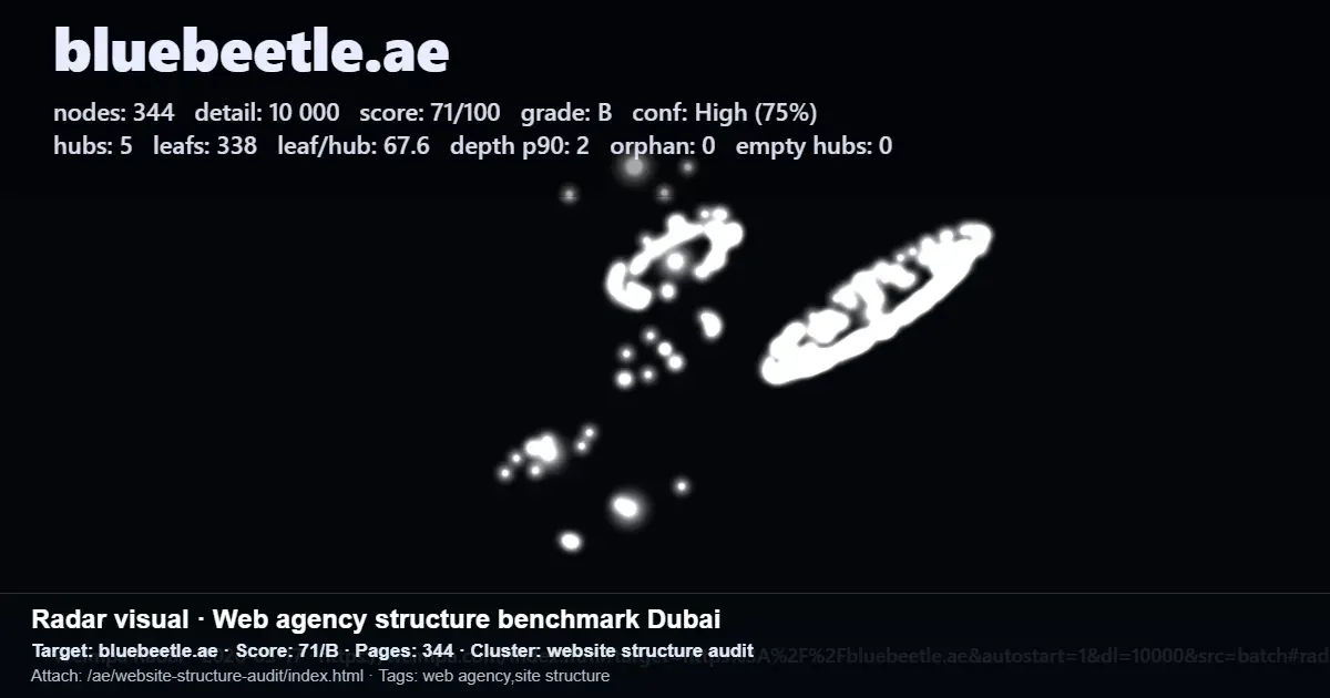 Radar-style website structure audit for Dubai web agency bluebeetle.ae showing nodes, score, and site structure metrics