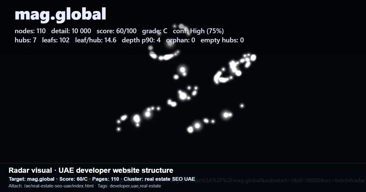 Radar-style diagram showing mag.global UAE developer website structure and internal linking score report