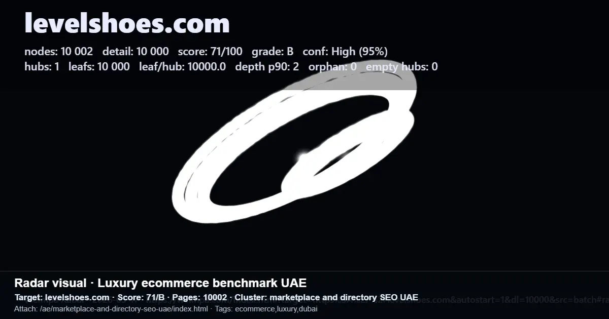 Radar-style report for levelshoes.com showing marketplace SEO benchmark metrics for a UAE luxury ecommerce site Radar-style report for levelshoes.com showing marketplace SEO benchmark metrics for a UAE luxury ecommerce site