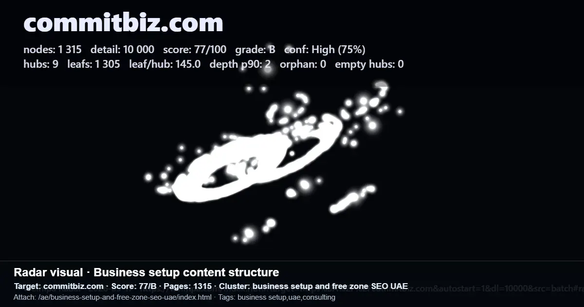 Radar-style SEO audit summary for commitbiz.com showing score, grade, and page metrics