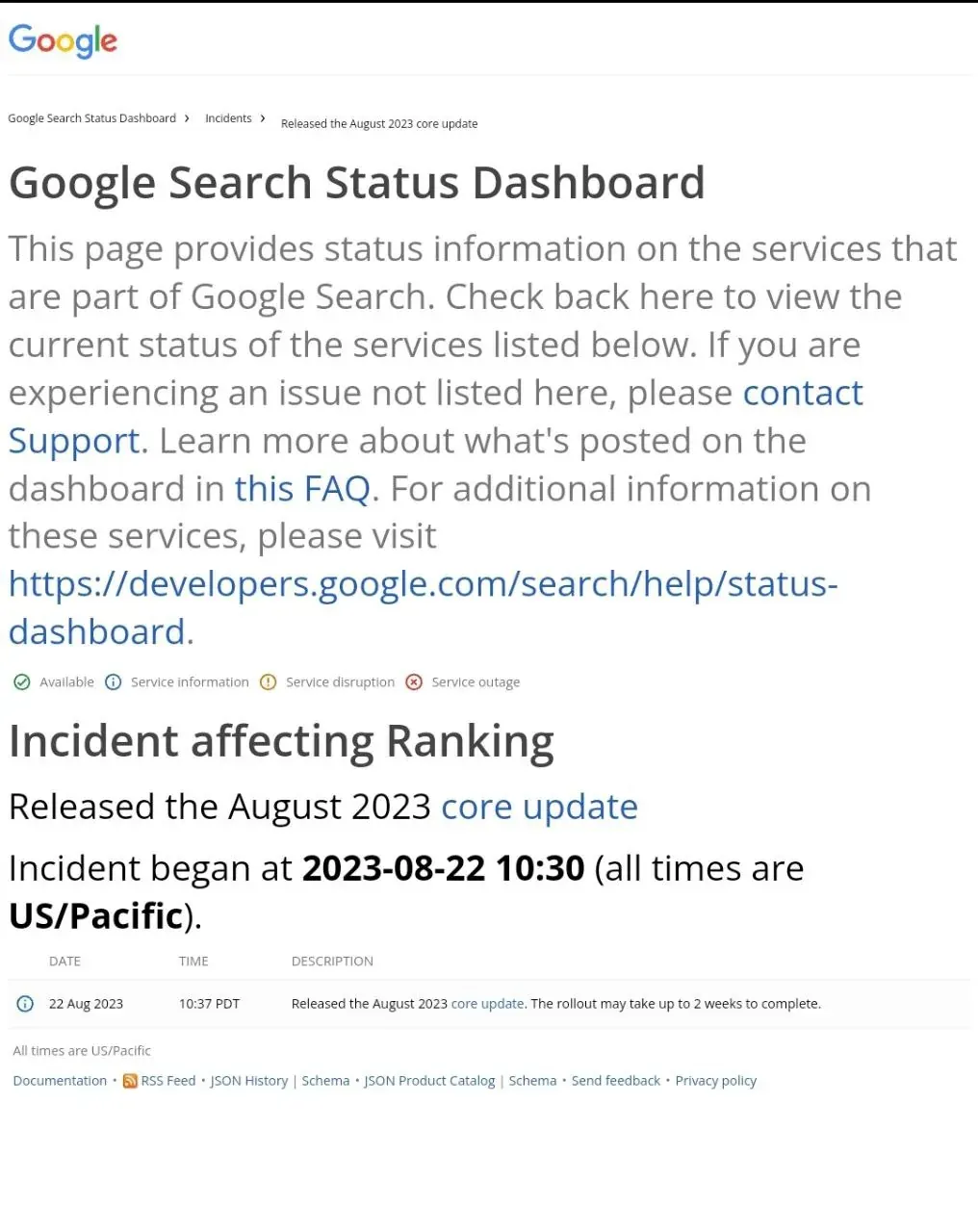 Google Search Status Dashboard showing the August 2023 core update release and ranking incident details Google Search Status Dashboard showing the August 2023 core update release and ranking incident details