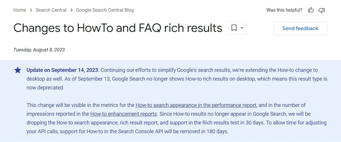 Google Search Central blog screenshot about changes to HowTo and FAQ rich results and reporting Google Search Central blog screenshot about changes to HowTo and FAQ rich results and reporting