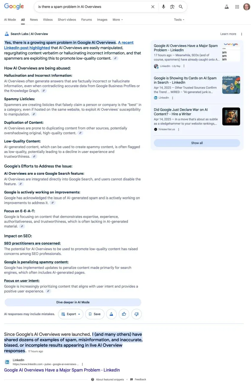 Screenshot of a Google AI Overviews result discussing spam, low-quality SEO content, and manipulation concerns Screenshot of a Google AI Overviews result discussing spam, low-quality SEO content, and manipulation concerns