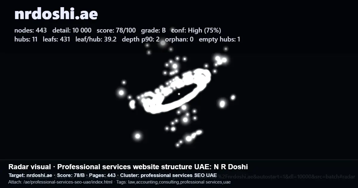 Radar report screenshot showing N R Doshi UAE professional services website structure and local SEO score Radar report screenshot showing N R Doshi UAE professional services website structure and local SEO score