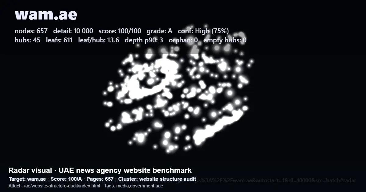 Screenshot of a UAE news agency website structure audit showing nodes, score 100 out of 100, and website structure metrics